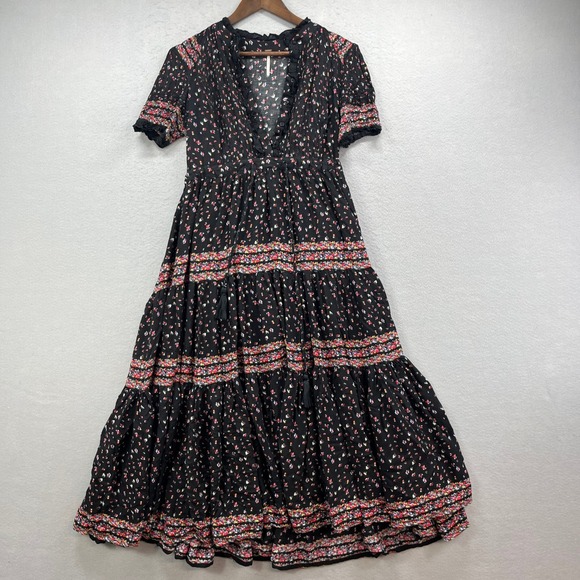 Free People Dresses & Skirts - Free People Rare Feelings Maxi Dress Womens Small Black Floral Tiered Boho